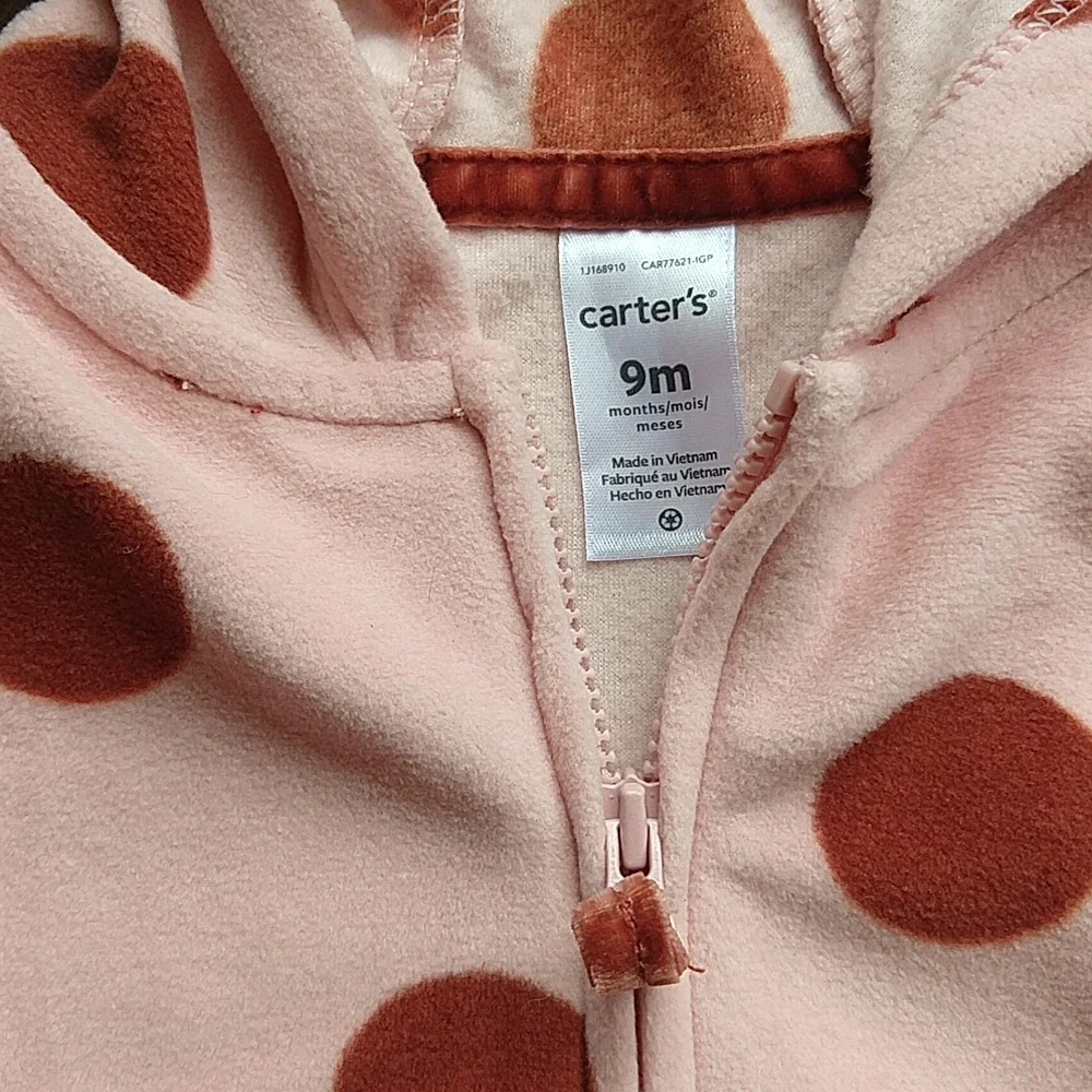 Carter's Fleece Hooded Ruffle Pink Polkadot Zip up Jacket 9m